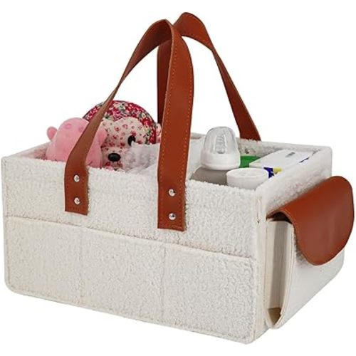 Baby Diaper Caddy Organizer – Soft Beige Sherpa with 3 Removable Compartments & 6 Side Pockets – Perfect Nursery Storage Bin & Car Organizer for Diapers, Baby Wipes, and Essential Supplies