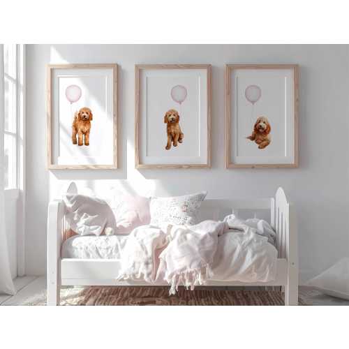 Goldendoodle Nursery Prints | Set of 3 Red Goldendoodle Puppy with Pink Balloons, Baby Girl Nursery Decor, Printable Wall Art for Kids