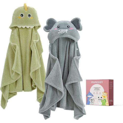 Momcozy Baby Bath Towels with Visualize Health Label - Ultra Soft & Absorbent Coral Fleece Hooded Towels for Newborn, Infant, Toddler (0-36 Months) Bath Essentials (Large Size,2 Pack)