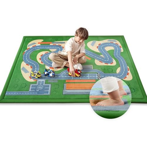Race Track Playmat Rug, 1.3" Toddler Safety Elasti-Foam Playmat 59"×79" Fun and Education Large Floor Mat for Crawling Activity Race Car Track Play Mat for Boys & Girls