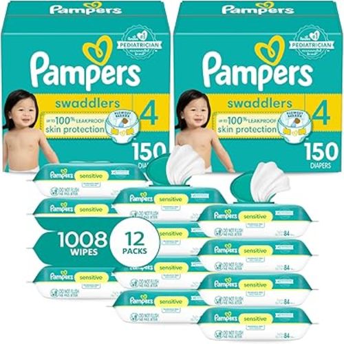 Pampers Swaddlers Disposable Baby Diapers Size 4, 2 Month Supply (2 x 150 Count) with Sensitive Water Based Baby Wipes 12X Multi Pack Pop-Top and Refill (1008 Count)