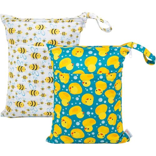 ALVABABY 2pcs Cloth Diaper Wet Dry Bags Waterproof Reusable with Two Zippered Pockets Travel Beach Pool Daycare Soiled Baby Items Yoga Gym Bag for Swimsuits or Wet Clothes L114117