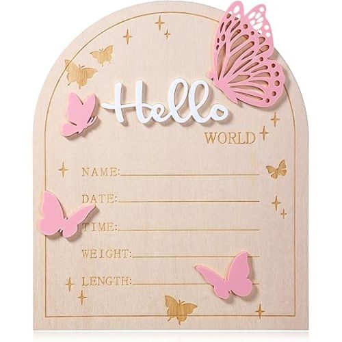 Hello World Newborn Sign, 5.83 × 6.97 Inch Pink Butterfly Baby Announcement Sign Wooden Birth Welcome Board for Newborn Boys Girls Photo Props Baby Shower Hospital Nursery