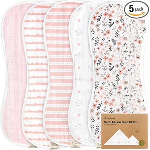 5-Pack Muslin Burp Cloths Baby Boy, Girl - Very Absorbent Baby Burp Cloth Rags, 8-Layers Viscose Derived from Bamboo Cotton Muslin Towel, Super Soft Spit Up Rags, No Shrink Washcloths (Sweet Charm)