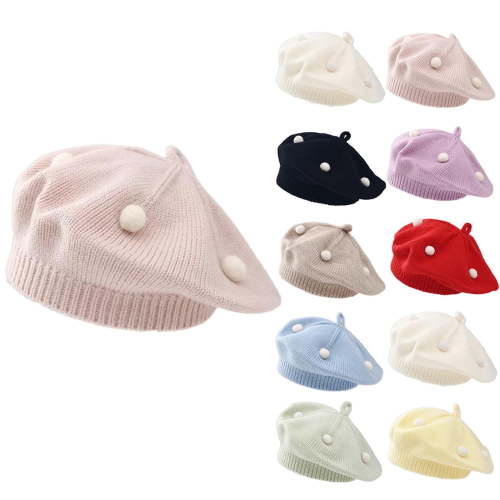qolati Baby Beret Hat Toddler Girls Fall Winter Warm Beanie Cap Little Girl Cute Pompoms Artist Knit Hat for 3M-4T