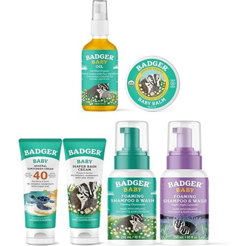 Badger Baby Bundle - SPF 40 Baby Mineral Sunscreen, Baby Wash Chamomile & Lavender, Baby Oil, Organic Diaper Rash Cream, Baby Balm - Pediatrician Tested Baby Sunblock and Organic Baby Moisturizer for