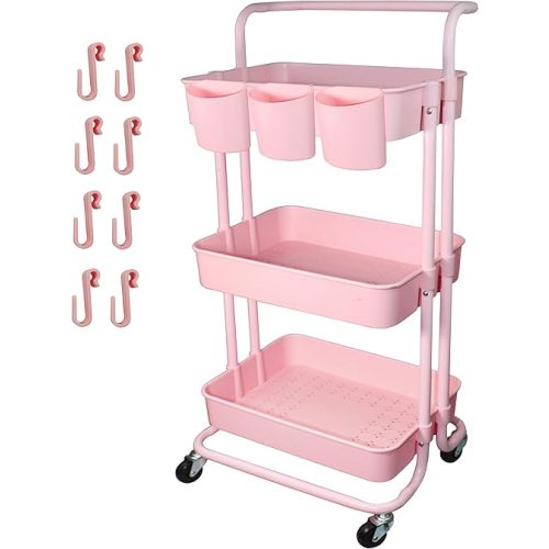 Piowio 3 Tier Utility Rolling Cart Multifunction Organizer Shelf Storage Cart with 3 Pieces Cups and 8 Pieces Hooks for Home Kitchen Bathroom Laundry Room Office Store etc. (Pink)