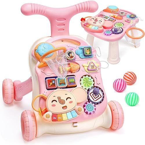 CUTE STONE 2-in-1 Baby Walker for Girls, Sit-to-Stand Learning Walker, Early Educational Push Walking Toys with Detachable Activity Center for Infants & Toddlers 12+ Months
