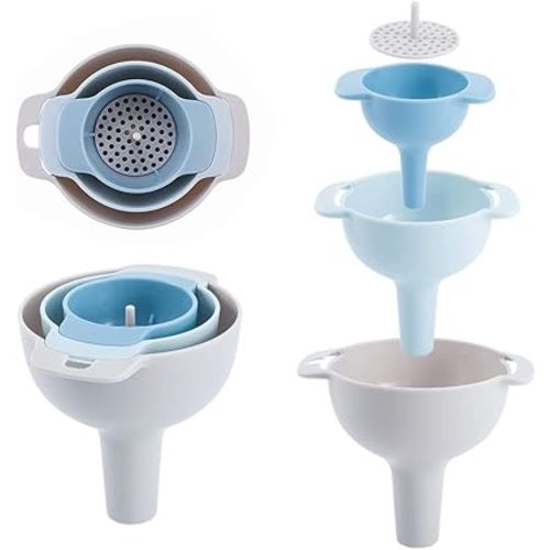 NZKNP 4 in 1 Kitchen Funnel Set - BPA-Free, 3 Sizes, Detachable Strainer, Easy to Clean & Store
