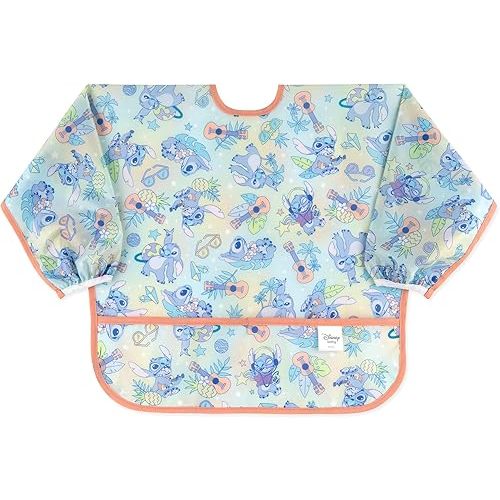 Bumkins Disney Sleeved Bib for Girl or Boy, Baby and Toddler for 6-24 Mos, Essential Must Have for Eating, Feeding, Baby Led Weaning Supplies, Long Sleeve Mess Saving Food Catcher, Aloha Stitch