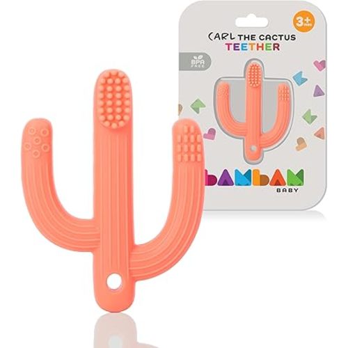 BAMBAM Baby – Premium Silicone Teething Toothbrush Toy | 100% BPA Free, Child Safety Tested, for Baby & Infant 3-6 and 6-12 Months | Carl The Cactus Teether Toys (Papaya Punch)