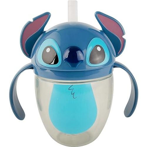The First Years Disney Stitch Weighted Straw Cup - Spill Proof Toddler Straw Cups with Flip Top Cover - Transition Sippy Cups - Toddler Feeding Supplies - 7 Oz - Ages 6 Months and Up