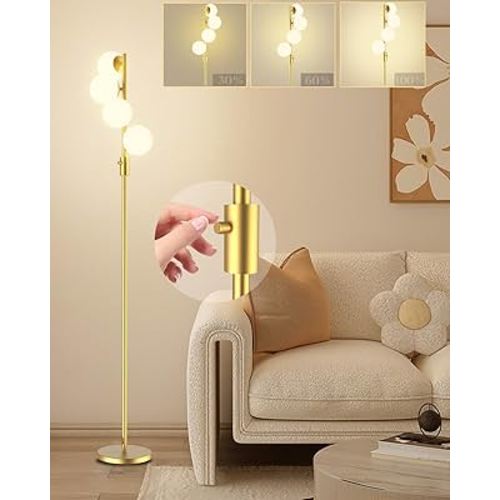 Lightdot 64IN Dimmable (Brightness Adjustable) Globe Floor Lamp, Gold Standing Lamps with 4PCS 3000K G9 Bulbs Soft Warm White Eye Care, Mid Century Modern Floor Lamp for Living Room