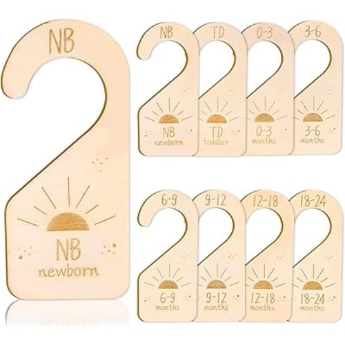 Whaline 8Pcs Baby Closet Size Dividers Wooden Baby Wardrobe Hanger Organizer Boho Sun Design Hanging Wooden Newborn to 24 Months for Home Nursery Baby Clothes Decor