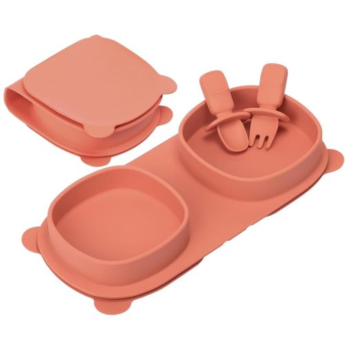 Toddler Plates Travel Essential on the go,Baby Plates with Suction - Forks & Spoons Self Feeding 6 months,Foldable,Silicone,BPA Free,Watermelon