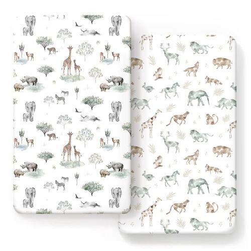 Stretch Ultra Soft Jersey Knit Fitted Crib Sheets Set 2 Pack,Fit All Standard Crib Mattress Pads Safe and Snug, Crib Fitted Sheet for Baby, Stylish African Savannah Animals Pattern