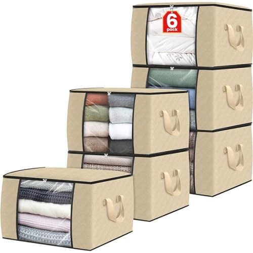 Fab totes 6 Pack Clothes Storage, Foldable Thick Fabric Blanket Storage Bags, Containers for Organizing Bedroom, Closet, Clothing, Comforter, Organization with Handle,Beige