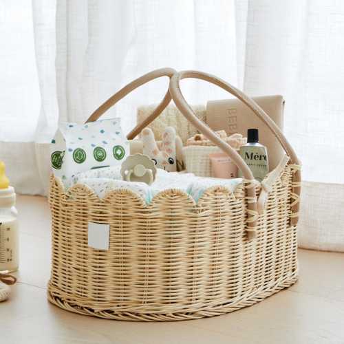 Baby Diaper Caddy Organizer Natural- Artisan-Crafted Scalloped Rattan Basket - Luxurious Diaper Caddy Basket - Elegant Scallop Basket
