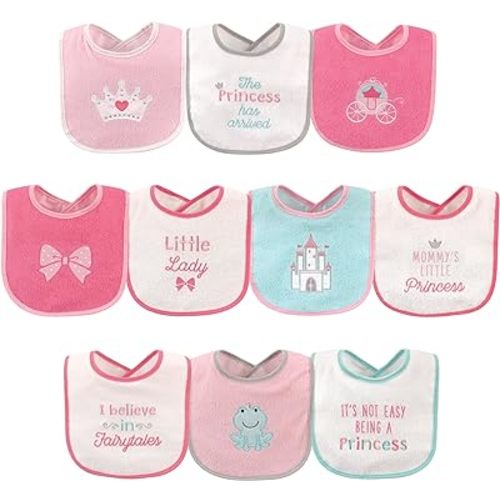 Luvable Friends Unisex Baby Cotton Terry Drooler Bibs with PEVA Back, Princess, One Size