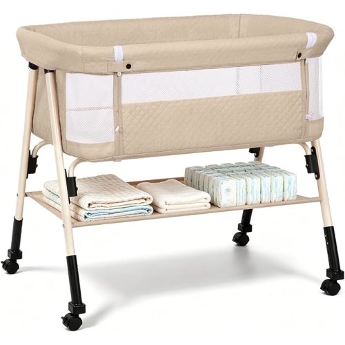 Baby Bassinet, 3-in-1 Baby Bassinets Bedside Sleeper for Newborn with Breathable Mesh, Portable Baby Crib with 4- Adjustable Height, Mattress, Storage Basket & Lockable Wheels, CPSC Beige
