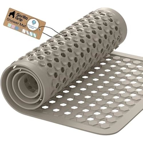 GORILLA GRIP Patented Bath Tub Shower Mat, Machine Washable Bathtub Floor Liner Mats, Suction Cups and Drain Holes to Keep Tubs Clean, Soft on Feet, Bathroom Essentials, 35x16 Inch, Beige