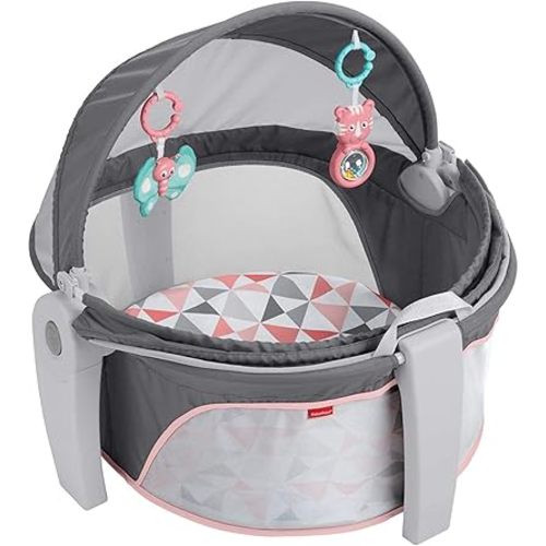 Fisher-Price Portable Bassinet On-The-Go Baby Dome, Travel Play Space with Developmental Newborn Toys & Canopy, Rosy Windmill
