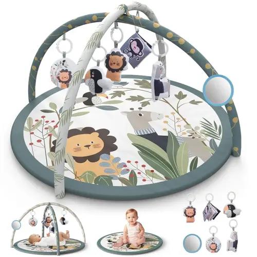 Baby Play Gym Mat, Baby Tummy Time Play Mat with 6 Detachable Sensory Toys for Baby Activity Gym, Baby Activity Play Mat for Sensory Development and Motor Skills, Baby Newborn Essentials