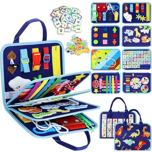 Esjay Toddler Busy Board Montessori Toys for Boys, Sensory Book Educational Activities for Learning Fine Motor Skills, Birthday Gifts for Boys Toddlers, Travel Toys for Airplane Car, Blue Dinosaur