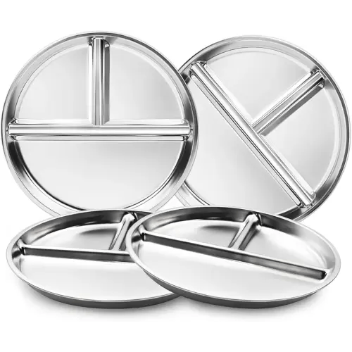 Stainless Steel Kids Plates Set of 4, 9" Portion Control Plates Divided Plate for Adults Toddlers Balance Lunch, Bariatric & Diabetic Diet, Non Toxic Camping Metal Snack Plate for Eating