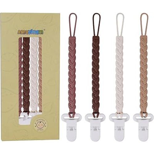 Silicone Teething Pacifier Clip Holder,Pack of 4 Flexible Paci Leash,Binky Clips for 0-6,6-12 Months Baby Boys and Girls,Newborn Essential,Woven Shape (Brown)