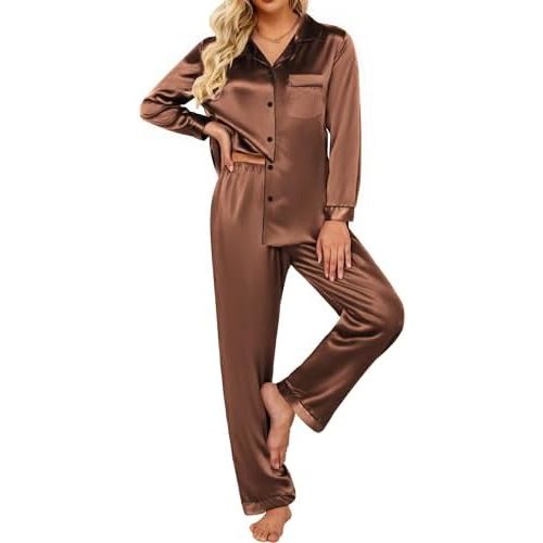 Ekouaer Silk Satin Pajamas Women's Long Sleeve Pj Set Soft Button Down 2 Piece Sleepwear Loungewear S-XXL