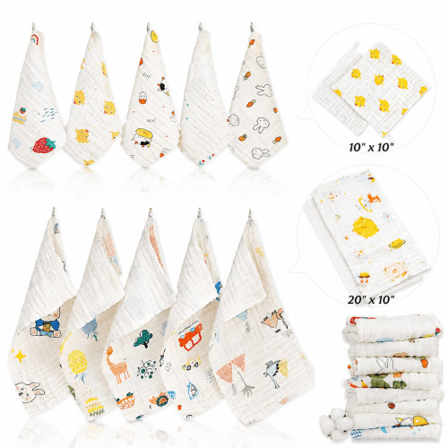 ChrumpTon 10 Pack Muslin Burp Cloths, 2 Sizes (20" x 10" & 10" x 10"), 100% Cotton, 6-Layer, Soft & Absorbent Baby Burp Cloths for Newborns