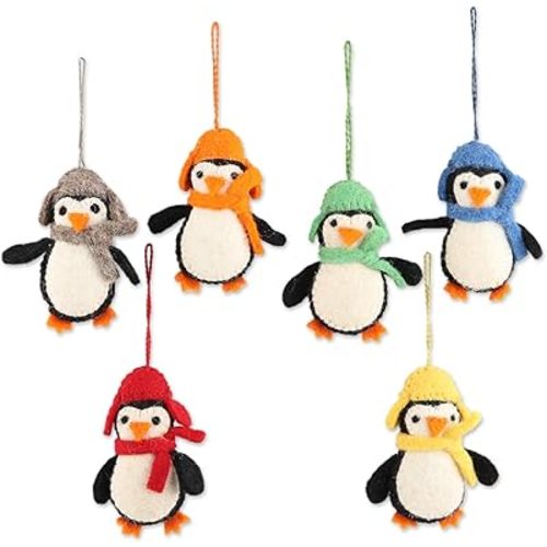 NOVICA Handmade Wool Felt Ornaments | Felted Penguin | Artisan Crafted Soft Hanging Wool Penguins | Animal Themed | Christmas Bird | Multicolor Home Decor | Polyester Pouch | 'Cozy Penguins' Set of 6
