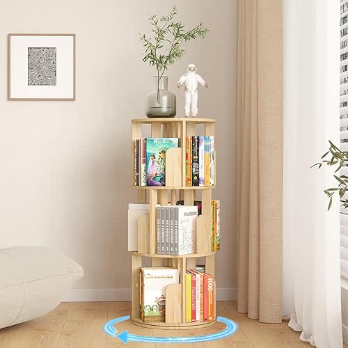 YGYQZ Kids Rotating Bookshelf, 3 Tier Floor Standing Bookcase Solid Wood for Kids & Adult 360 Display Narrow Book Shelf Organizer Storage Rack for Bedroom, Living Room, Study Room (3 Tier-Wood)