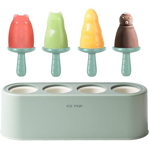 Popsicle Mold Set 4 Pieces Homemade Silicone Popsicle Maker Easy Release Ice Cream Molds Reusable DIY Pop Molds (Ice World, Green)