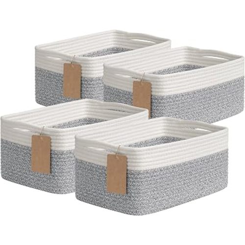 Goodpick 4 Pack Storage Baskets for Shelves, Rectangle Woven Baskets for Organizing, Decorative Closet Bins with Handles, Shelf Basket for Baby Toy Storage, 13''L x 8''W x 6''H, Gray & White