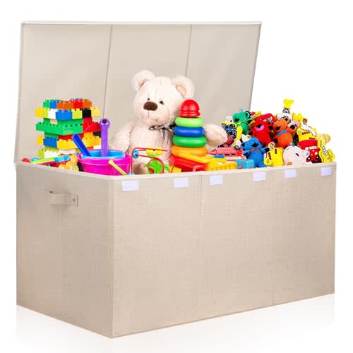 Extra Large Toy Box 167L, Sturdy Toy Storage Chest Organizer Bin Baskets with 2 Removable Divider for Boys, Girls, Kids, Nursery, Bedroom, Playroom, 35.5"x17" x17" (Linen Beige)