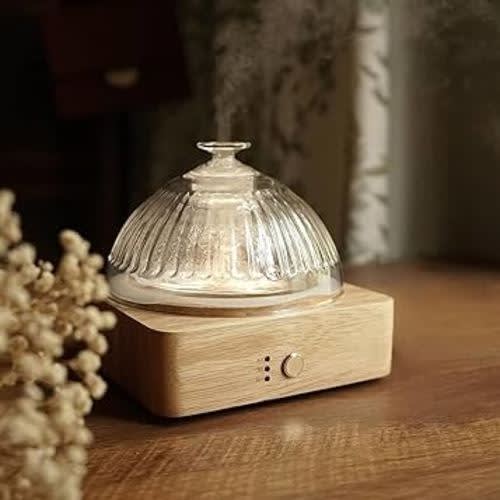 Glass Dome Essential Oil Diffuser with Glass Reservoir & Wood Base-No Plastic, 200ml Ultrasonic Diffuser for Aromatherapy with Timer 7 Color Light Auto-Off for Home Office Yoga Pilates