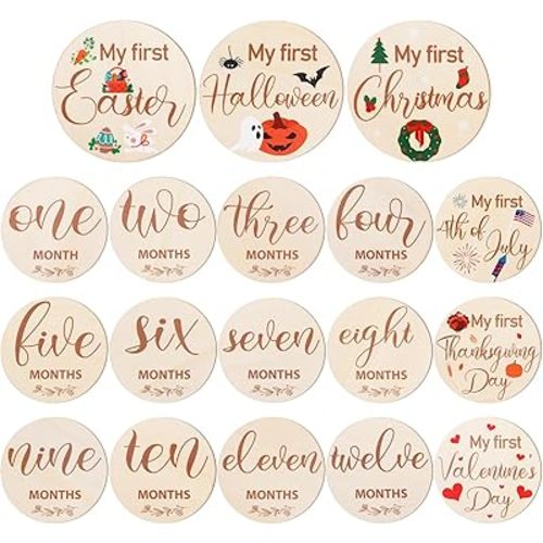 18 Pcs Baby Monthly Milestone Signs, Wooden Circles 1-12 Months Baby Milestone Signs and Holiday Markers for Boy Girl, Baby Growth Newborn Photography Props, Baby Shower Keepsake Gifts
