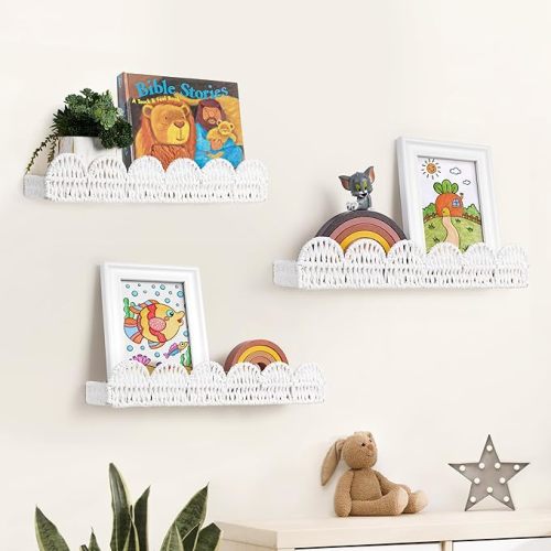 AELS Scalloped Nursery Bookshelf, Set of 3, Picture Ledge Shelf for Wall Decor, Woven Natural Fibre Floating Shelves for Books, Toys, Photo Frames, Nursery, Boho Modern Farmhouse Book Shelf, White