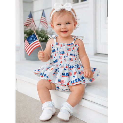 Muslin Smocked Bubble w/ Skirt, 4th of July Blue