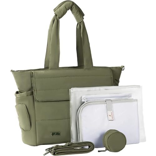 BabbleRoo Flo Tote Diaper Bag, 14-Pocket Cloud-Soft Puffer Newborn Bag for Parents, 14-Inch Laptop Sleeve, 3 Insulated Bottle Slots, Wet Pouch, Luggage Strap, Changing mat, Hidden Pocket,Seaweed Green