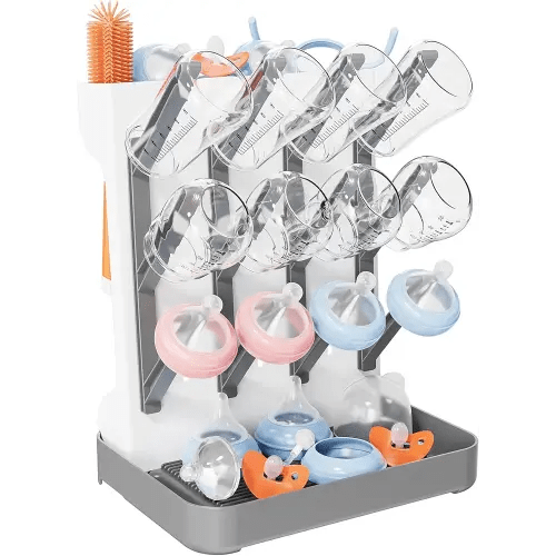 Baby Bottle Drying Rack, Vertical Bottle Dryer Holder Space Saving Standing Bottle Drying Rack for Countertop Kitchen Organize Bottles & Baby Accessories Brushes Pacifiers and Pump Part (Grey)