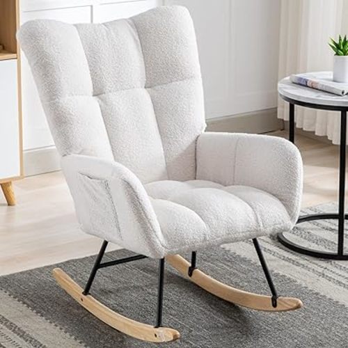 Rocking Chair Nursery, Teddy Upholstered Glider Rocker with High Backrest, Reading Chair Modern Rocking Accent Chairs Glider Recliner for Living Room, Nursery, Bedroom,White