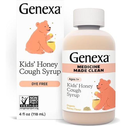Genexa Kids’ Organic Honey Cough Syrup, Dye Free, 0% Artificial Additives, Children's Cough Remedy for Kids 2-11, Soothing Natural Honey Flavor, Gluten Free, & Non-GMO 4 fl oz