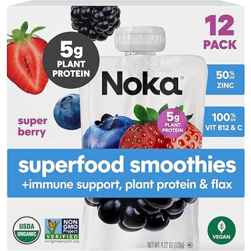 Noka Superfood Fruit Smoothie Pouches with Immune Support, Super Berry, Healthy Snacks with Vitamin C, Plant Protein, Flax Seed, Gluten Free, Squeeze Pouch, 4.22 oz (Pack of 12)