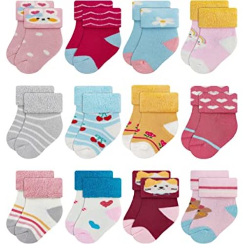 RATIVE Newborn Baby Socks 0-6,6-12 Months Thick Terry Turn Cuff Socks for Unisex Boys Girls