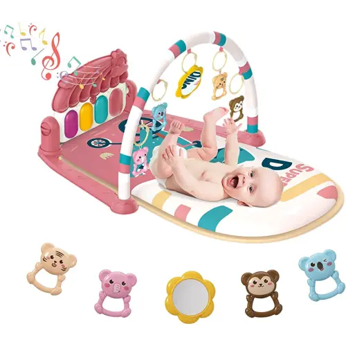 DearLomum Baby Play Mat & Gym, Piano Tummy Time Activity Mat with 5 Sensory Toys, Music & Lights - Pink