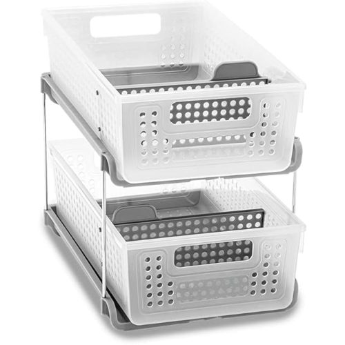 madesmart Premium Antimicrobial 2-Tier Organizer Multi-Purpose Slide-Out Storage with Handles and Dividers for Home and Bath, Pack of 1, Frost