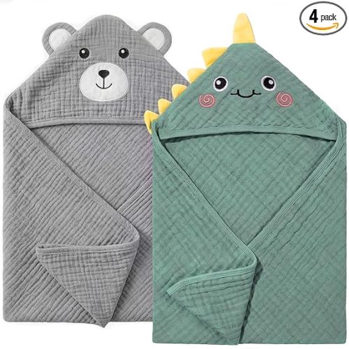 4 PCS Muslin Baby Bath Towels Set, 100% Cotton 2 PCS Animal Hooded Baby Towels 32x32 Inch & 2 PCS Washcloths, Ultra Absorbent & Soft Infant Newborn Essentials Gifts for Boys & Girls, Dinosaur & Bear